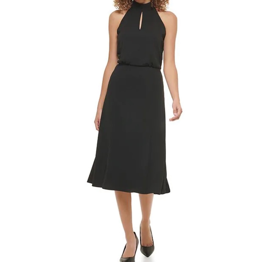 Karl Lagerfeld Paris Keyhole Mock Halter Neck Sleeveless Blouson Midi Dress